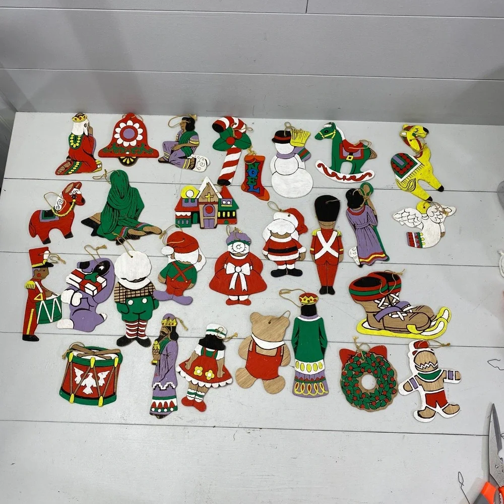 Vintage Wooden Christmas Ornaments Lot 28 Hand Painted Folk Art Mixed Christian